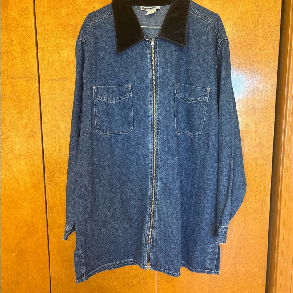 New York XL Blue Jean Jacket with Black Velvet Collar Full Zip Y2K Preppy Casual